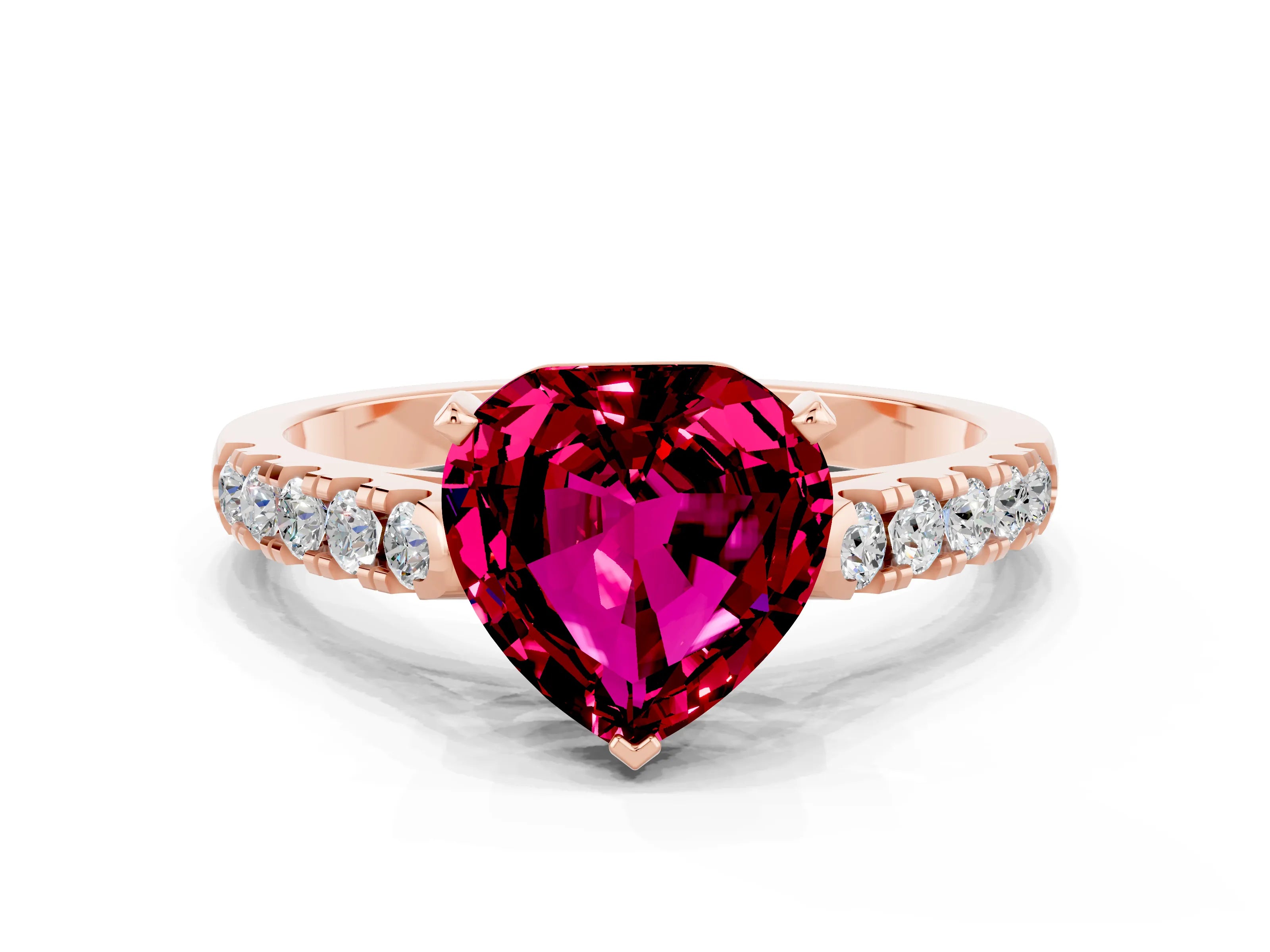 Rose gold Heart Cut {stone} Solitaire Ring with Pavé Band and Four Prong Setting