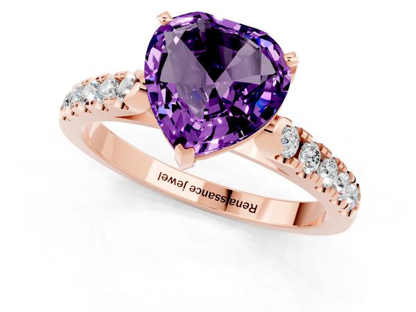 Rose gold Heart Cut Amethyst Pavé Band Solitaire Ring with Prong Setting