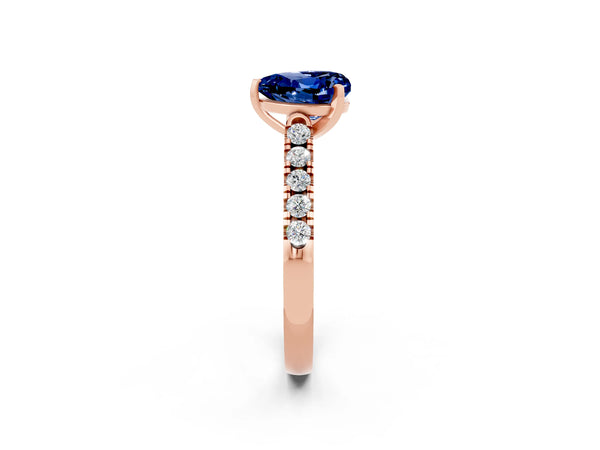Rose gold Heart Cut Blue Sapphire Pavé Band Solitaire Ring with Prong Setting