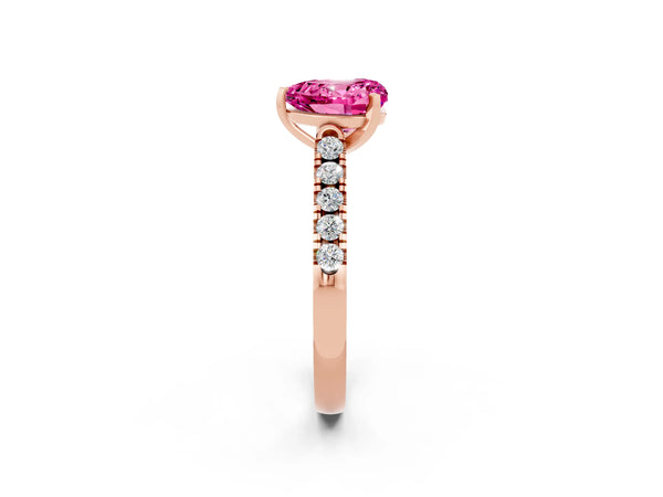 Rose gold Heart Cut Pink Sapphire Pavé Band Solitaire Ring with Prong Setting