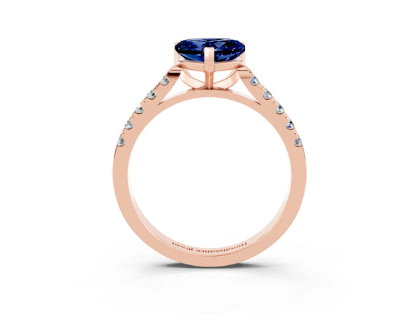 Rose gold Heart Cut Blue Sapphire Pavé Band Solitaire Ring with Prong Setting