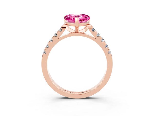 Rose gold Heart Cut Pink Sapphire Pavé Band Solitaire Ring with Prong Setting