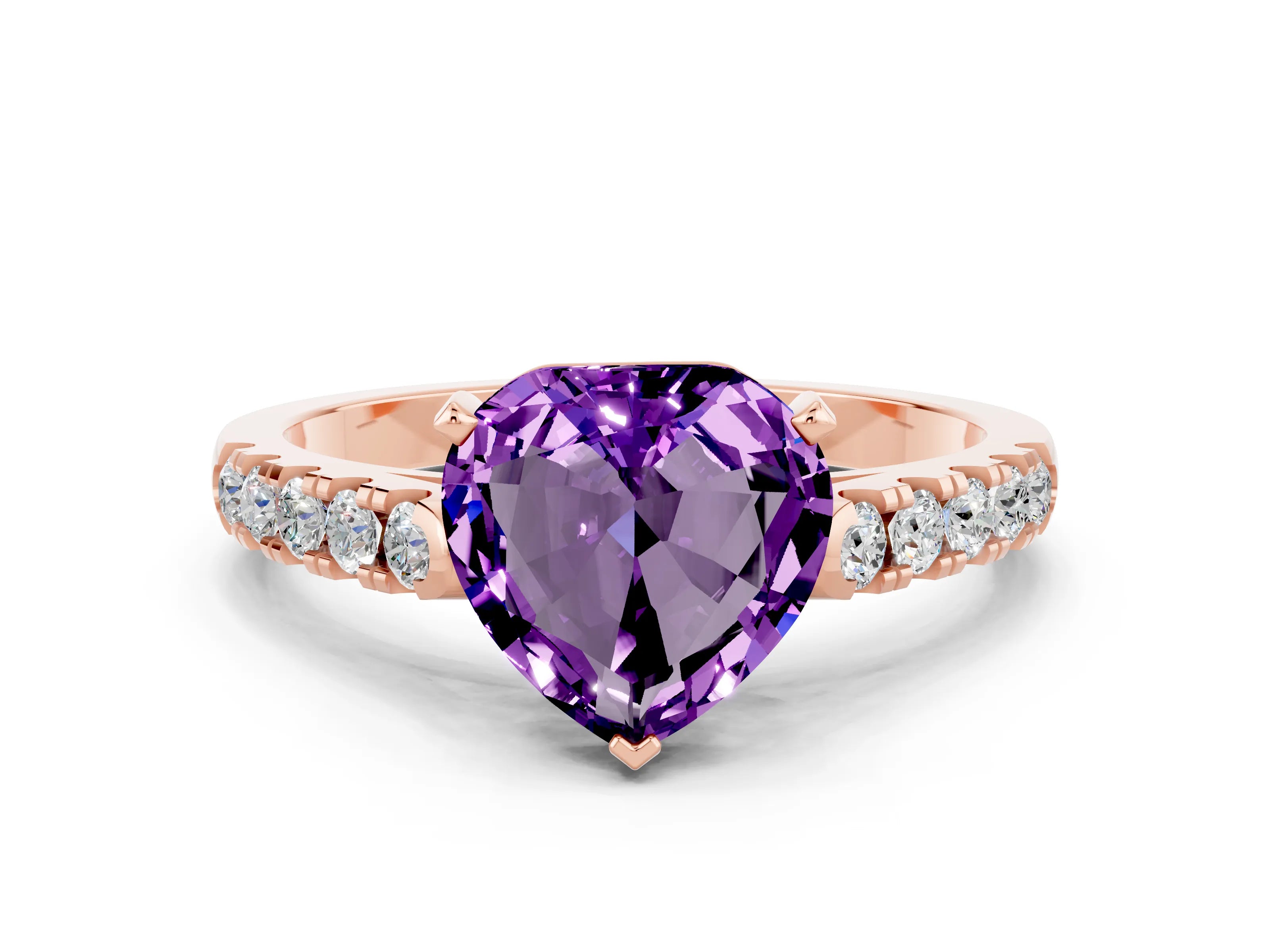 Rose gold Heart Cut {stone} Solitaire Ring with Pavé Band and Four Prong Setting