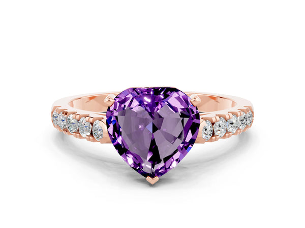 Rose gold Heart Cut Amethyst Pavé Band Solitaire Ring with Prong Setting
