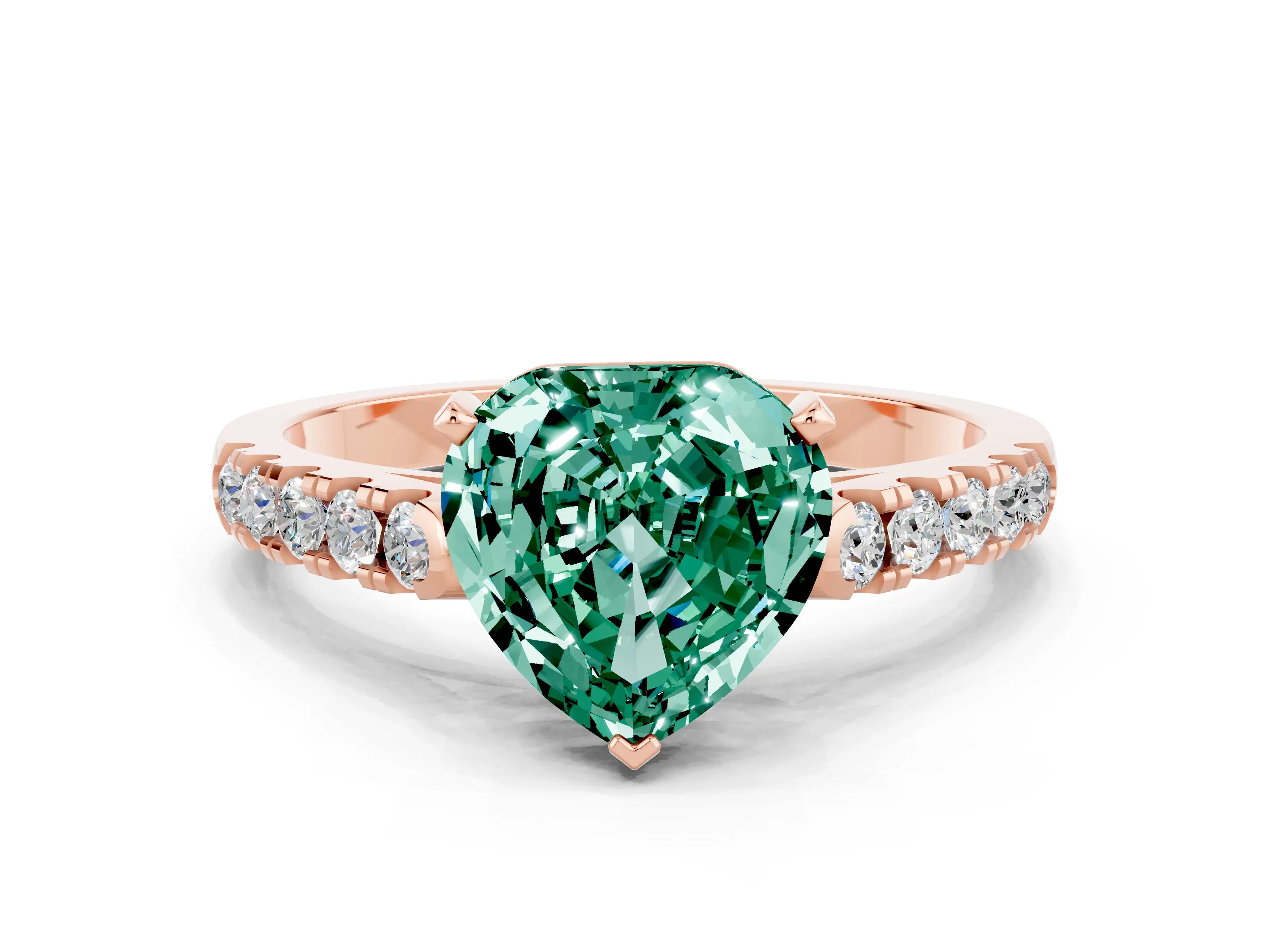 Rose gold Heart Cut {stone} Solitaire Ring with Pavé Band and Four Prong Setting