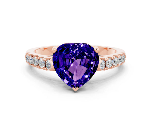 Rose gold Heart Cut Tanzanite Pavé Band Solitaire Ring with Prong Setting