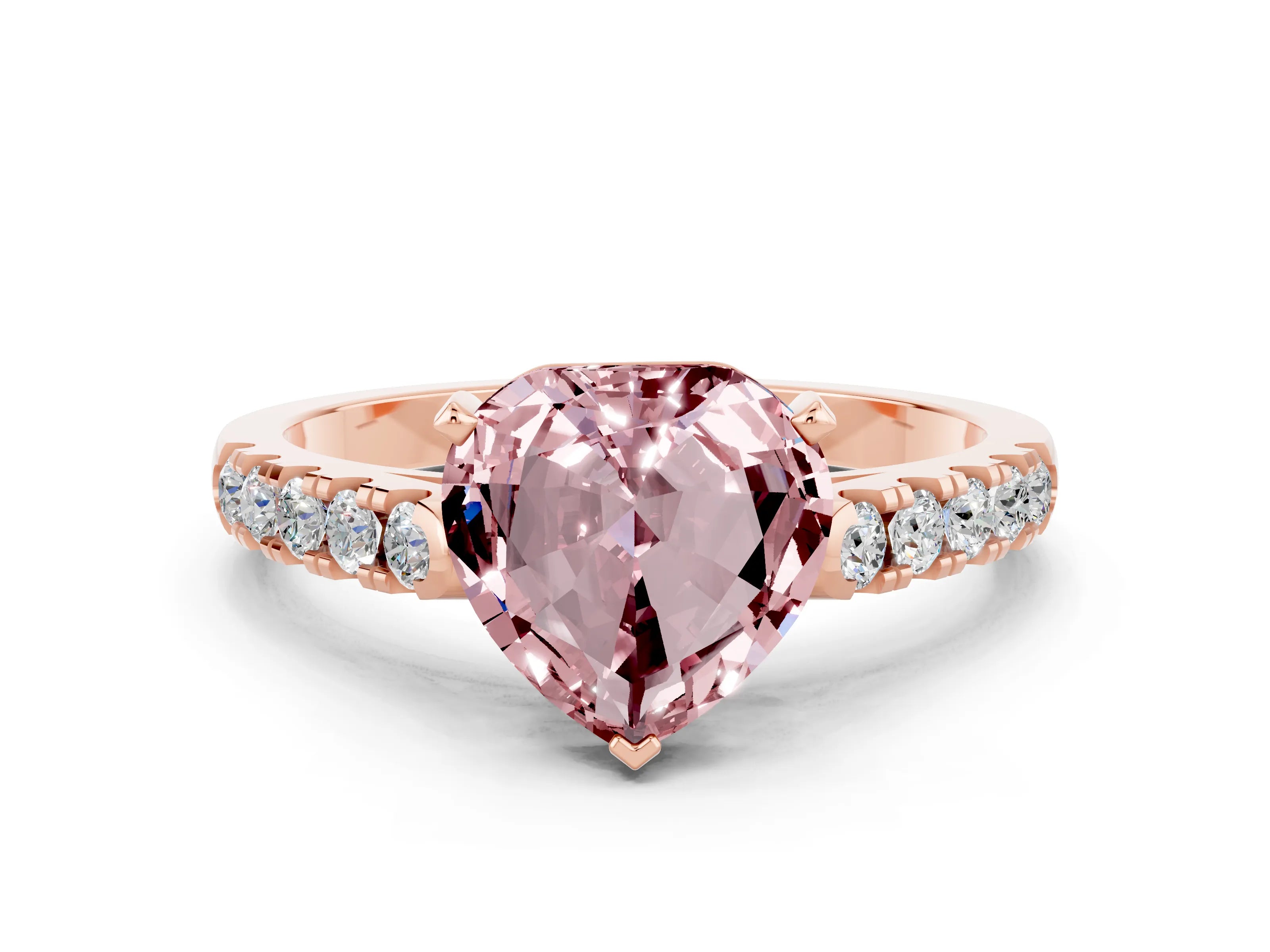Rose gold Heart Cut {stone} Solitaire Ring with Pavé Band and Four Prong Setting