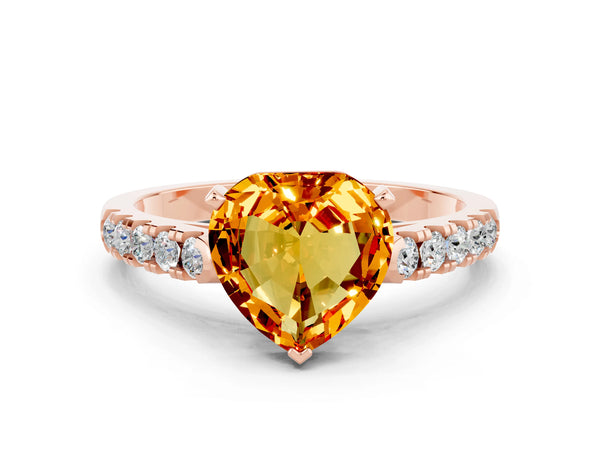 Rose gold Heart Cut Citrine Pavé Band Solitaire Ring with Prong Setting