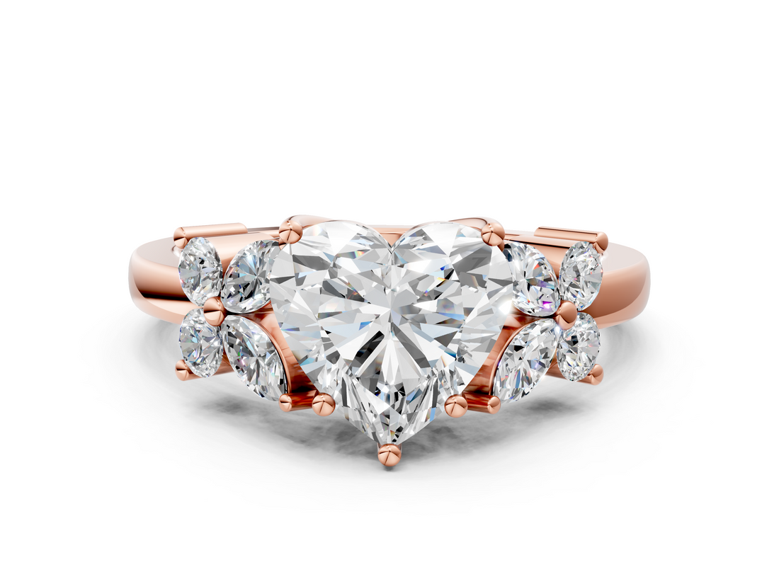 Rose gold Heart Diamond Floral Cluster Ring with Solitaire Band and Prong Setting_59