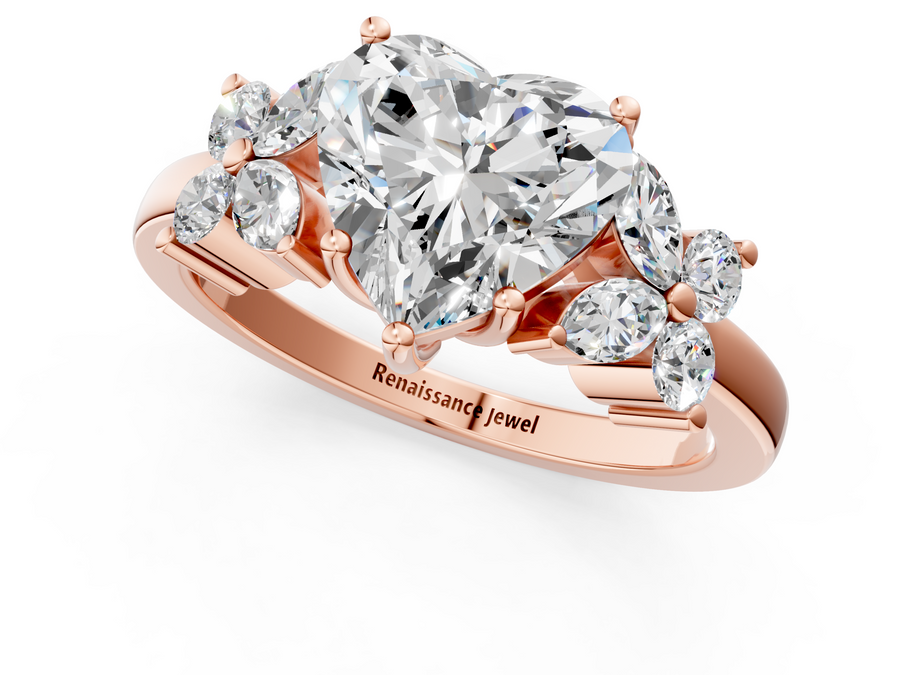 Rose gold Heart Diamond Floral Cluster Ring with Solitaire Band and Prong Setting