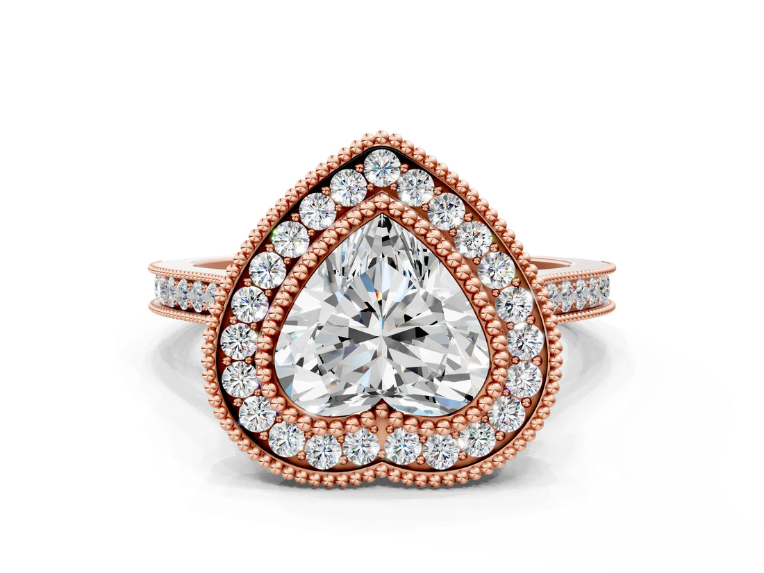 Rose gold Heart Diamond Halo Ring with Milgrain Frame and Pavé Band