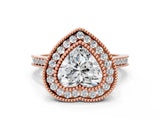 Rose gold Heart Diamond Halo Ring with Milgrain Frame and Pavé Band
