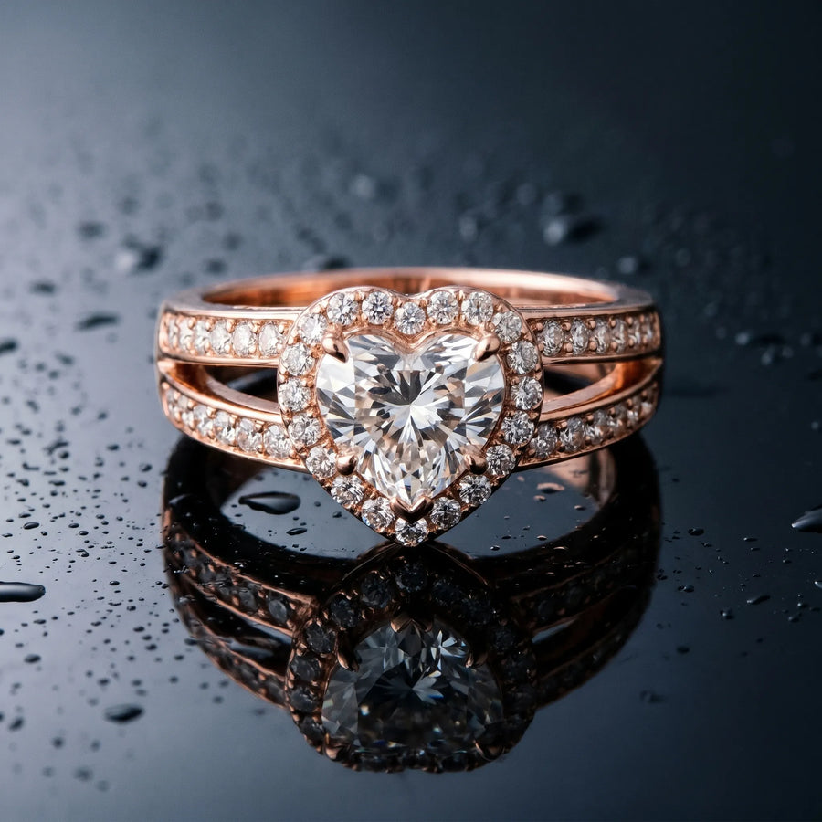 Rose gold Heart Diamond Halo Ring with Split Shank Pavé Band and Four-Prong Setting