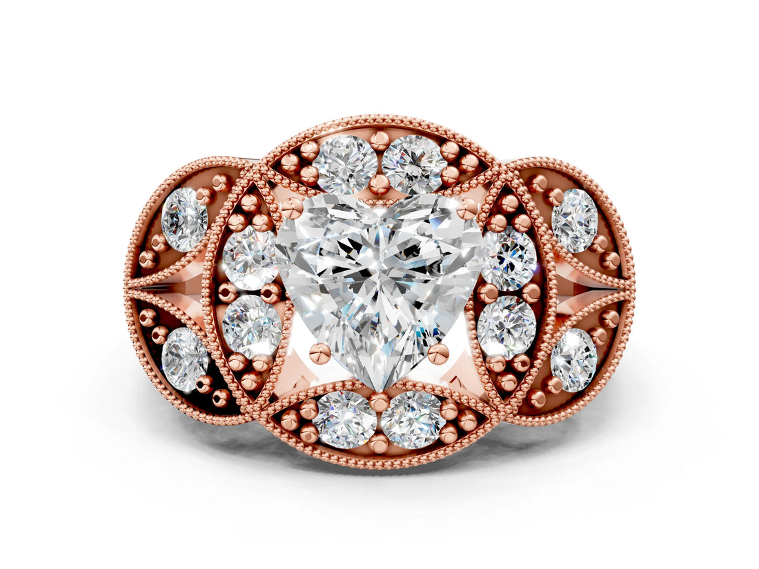 Rose gold Heart Diamond Milgrain Marquise Filigree Engagement Ring with Prong Setting_6