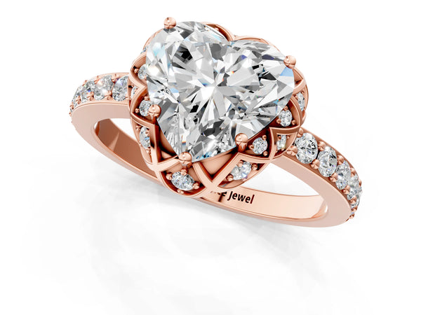 Rose gold Heart Diamond Solitaire Ring with Shared Prong Pavé Band