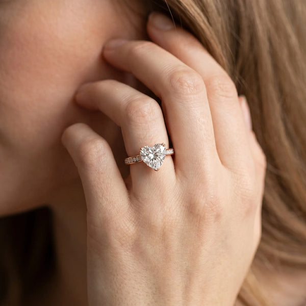 Rose gold Heart Diamond Solitaire with Pave Band and Six-Prong Setting