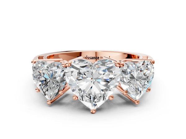 Rose Gold Heart-Shaped Three-Stone Engagement Ring Setting with Beaded Shoulders and Scroll Gallery
