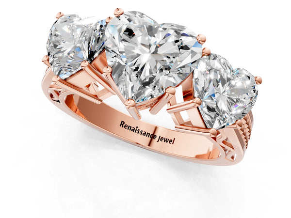 Rose Gold Heart-Shaped Three-Stone Engagement Ring Setting with Beaded Shoulders and Scroll Gallery