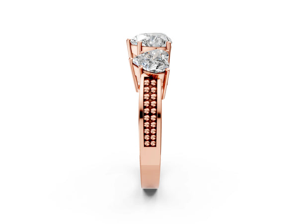 Rose Gold Heart-Shaped Three-Stone Engagement Ring Setting with Beaded Shoulders and Scroll Gallery