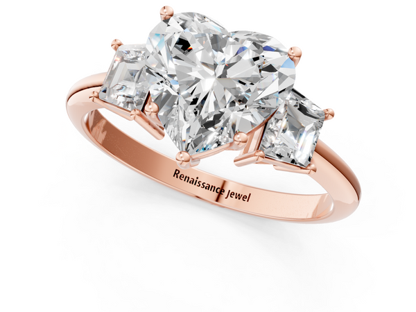Rose Gold Heart-Shaped Three Stone Engagement Ring Setting with Trapezoid Side Stones and Prong Head