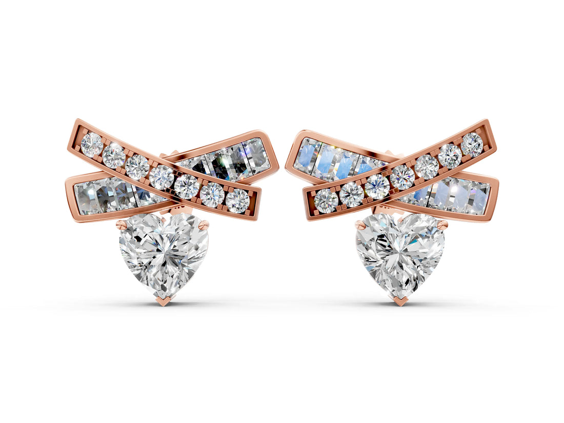 Rose gold Heart Diamond X Stud Earrings with Baguette and Round Accents_8