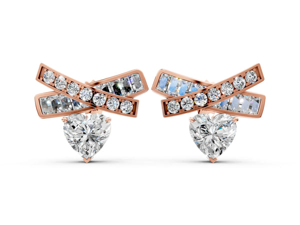Rose gold Heart Diamond X Stud Earrings with Baguette and Round Accents