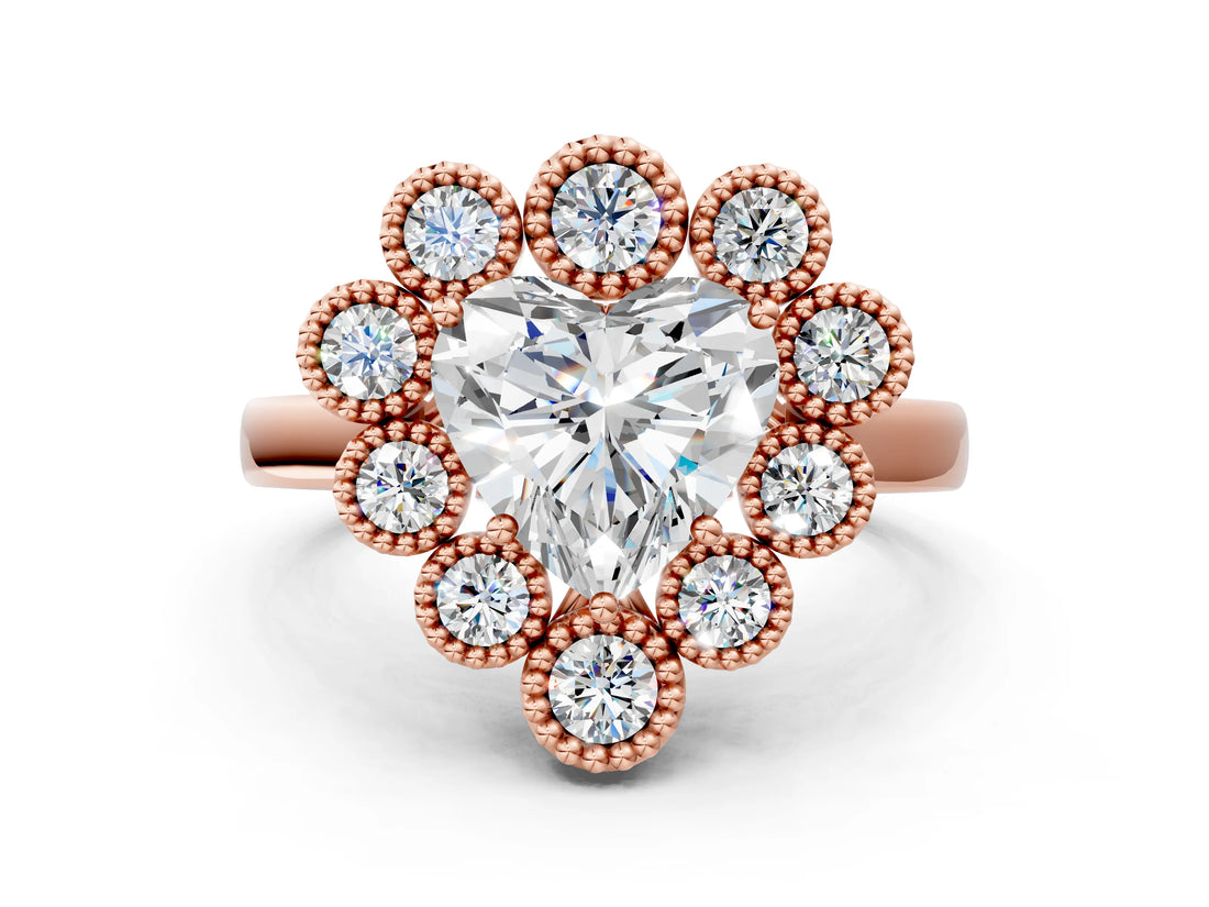 Rose gold Heart Halo Diamond Cluster Engagement Ring with Milgrain Bezel Setting and Solitaire Band_63