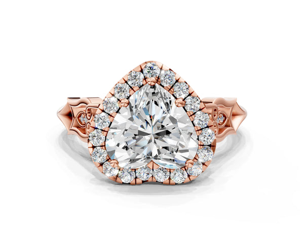 Rose gold Heart Halo Diamond Engagement Ring with Filigree Band and Four-Prong Setting