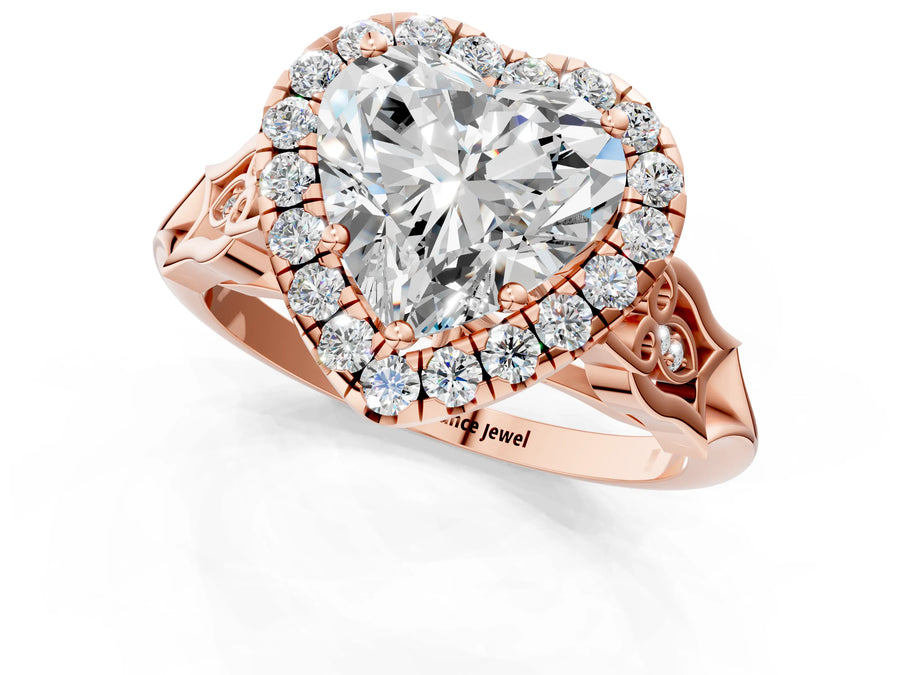 Rose gold Heart Halo Diamond Engagement Ring with Filigree Band and Four-Prong Setting