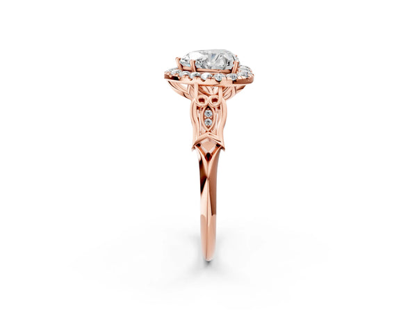 Rose gold Heart Halo Diamond Engagement Ring with Filigree Band and Four-Prong Setting