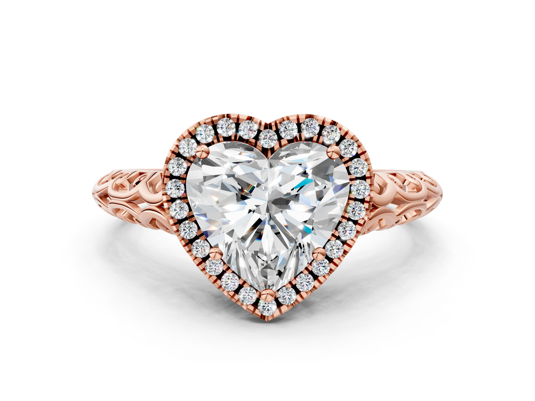 Rose gold Heart Halo Diamond Engagement Ring with Intricate Filigree Band and Four-Prong Setting_36