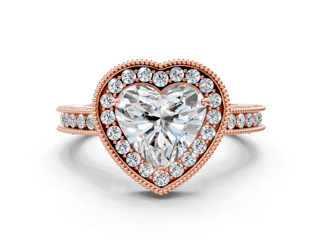 Rose gold Heart Halo Diamond Engagement Ring with Milgrain Pave Band and Four-Prong Setting_39