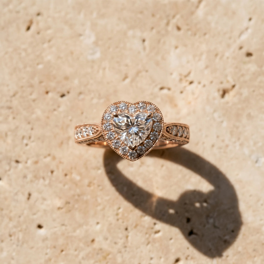 Rose gold Heart Halo Diamond Engagement Ring with Split Shank Band and Four-Prong Setting