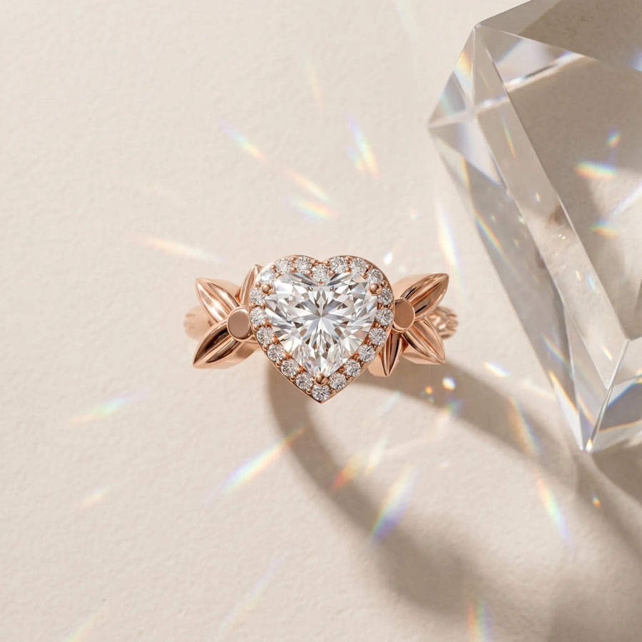 Rose gold Heart Halo Diamond Floral Band with Four-Prong Setting
