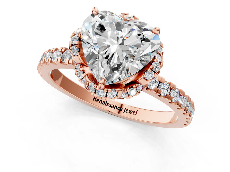 Rose gold Heart Halo Diamond Pave Band Ring with Four-Prong Setting