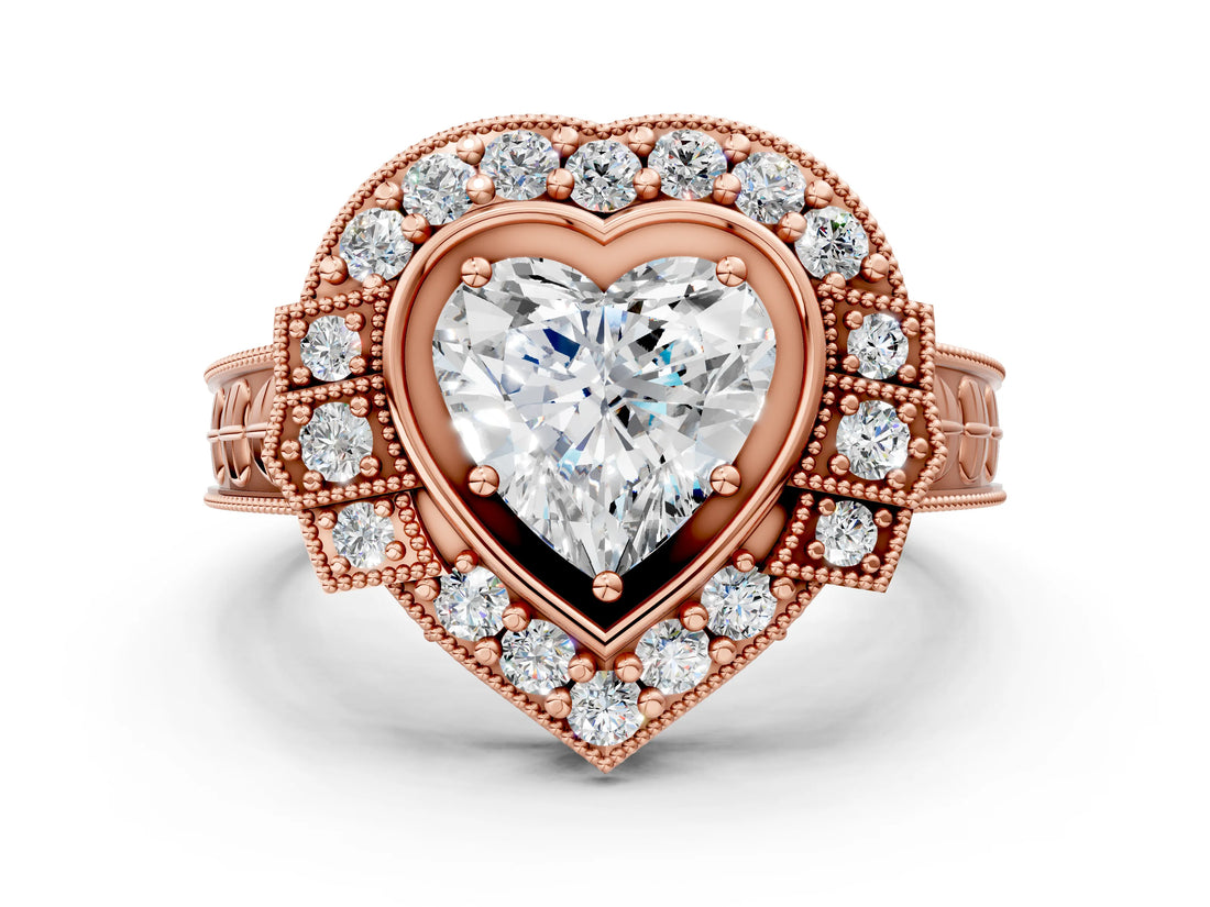 Rose gold Heart Halo Diamond Ring with Milgrain Bezel and Prong Setting_6