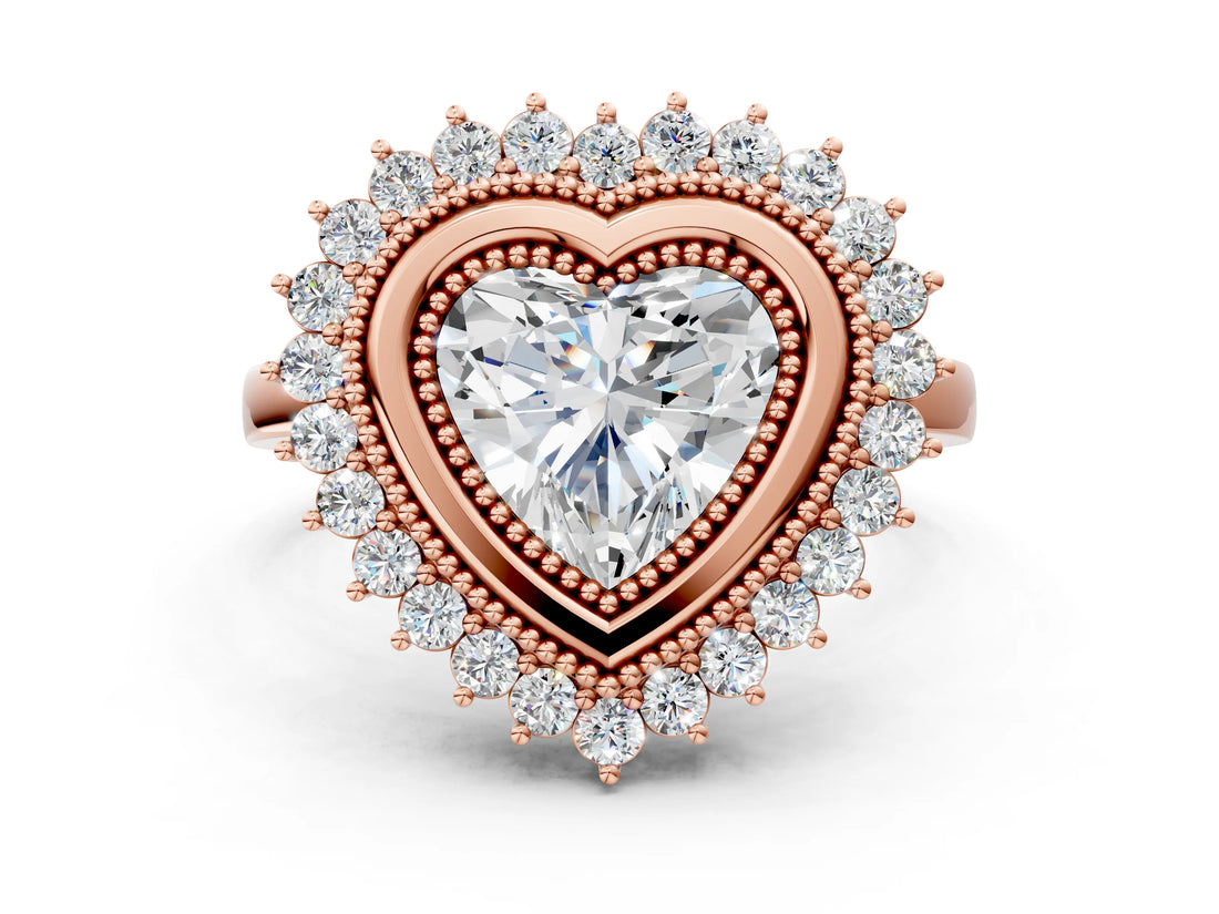 Rose gold Heart Halo Diamond Ring with Milgrain Edge and Round Prong Setting_26