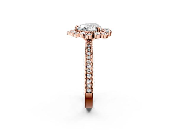 Rose gold Heart Halo Milgrain Pave Diamond Ring with Four-Prong Setting