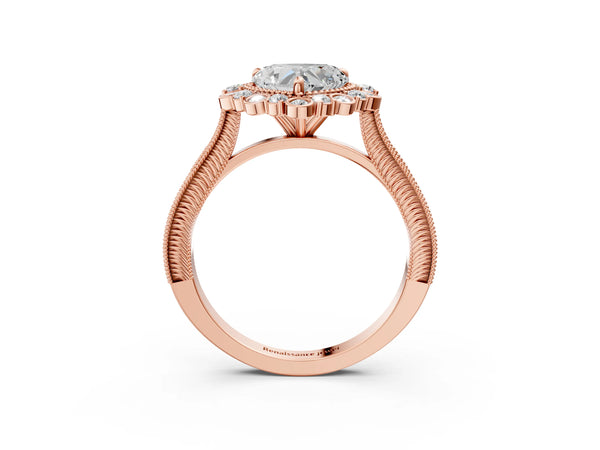 Rose gold Heart Halo Milgrain Pave Diamond Ring with Four-Prong Setting