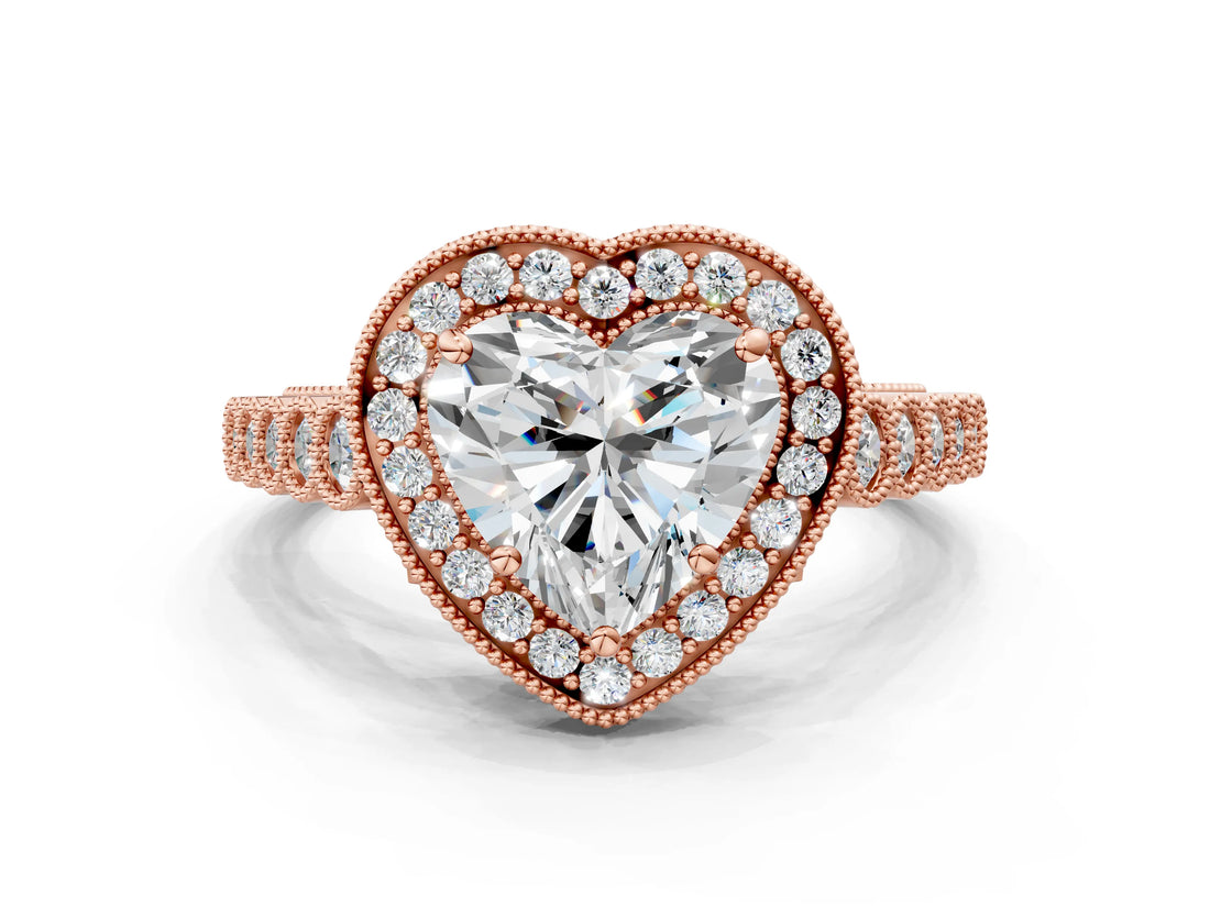 Rose gold Heart Halo Milgrain Solitaire with Bezel Set Side Stones and Pave Band_32