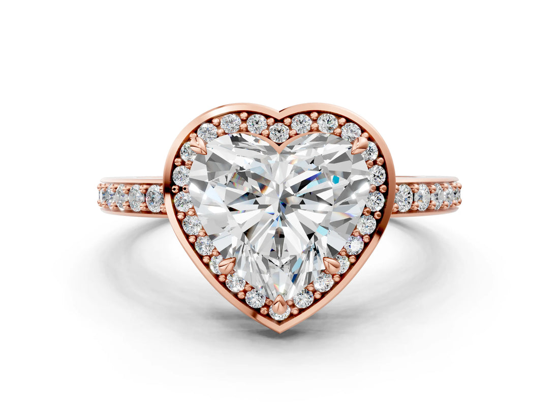 Rose gold Heart Halo Pave Band Solitaire Ring with Prong Setting_66