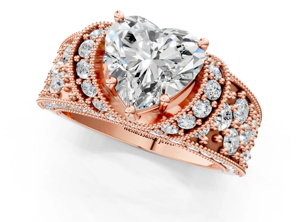 Rose gold Heart Halo Pave Diamond Engagement Ring with Milgrain Detailing