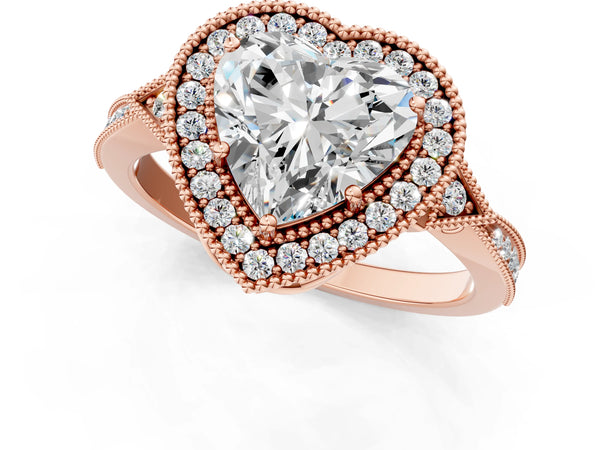Rose gold Heart Halo Round Diamond Milgrain Pave Engagement Ring