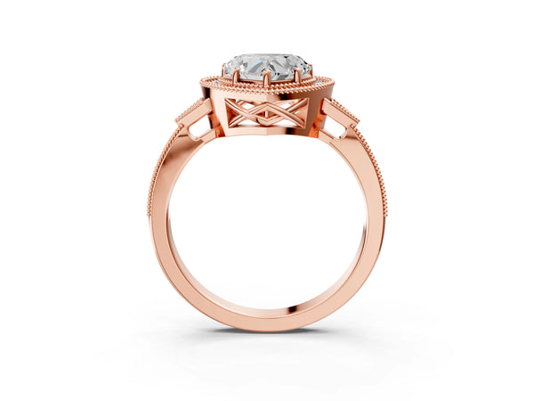 Rose gold Heart Halo Round Diamond Milgrain Pave Engagement Ring