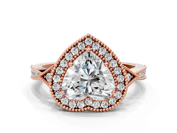 Rose gold Heart Halo Round Diamond Milgrain Pave Engagement Ring