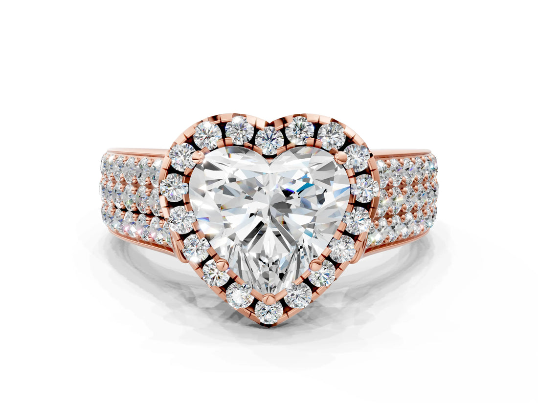 Rose gold Heart Halo Round Diamond Pave Band with Prong Setting