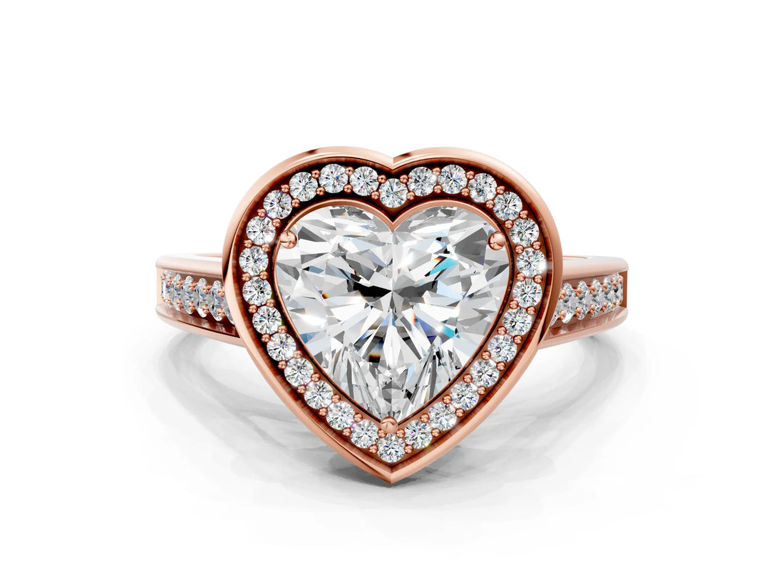Rose gold Heart Halo Solitaire Diamond Ring with Pave Band and Bezel Setting_49