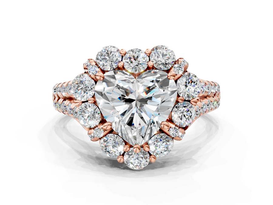 Rose gold Heart Halo Split Shank Diamond Engagement Ring with Pave Band and Four-Prong Setting