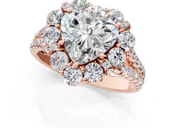 Rose gold Heart Halo Split Shank Diamond Engagement Ring with Pave Band and Four-Prong Setting