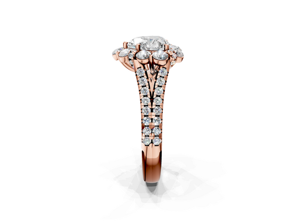Rose gold Heart Halo Split Shank Diamond Engagement Ring with Pave Band and Four-Prong Setting